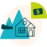 Green and blue icon of a home with mountains, clouds, and a money symbol.