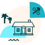 Blue icon of a beach home with waves, palm trees, and a percentage symbol.