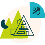 Green and blue icon of an A frame cabin with mountains, a moon, and a percentage symbol.