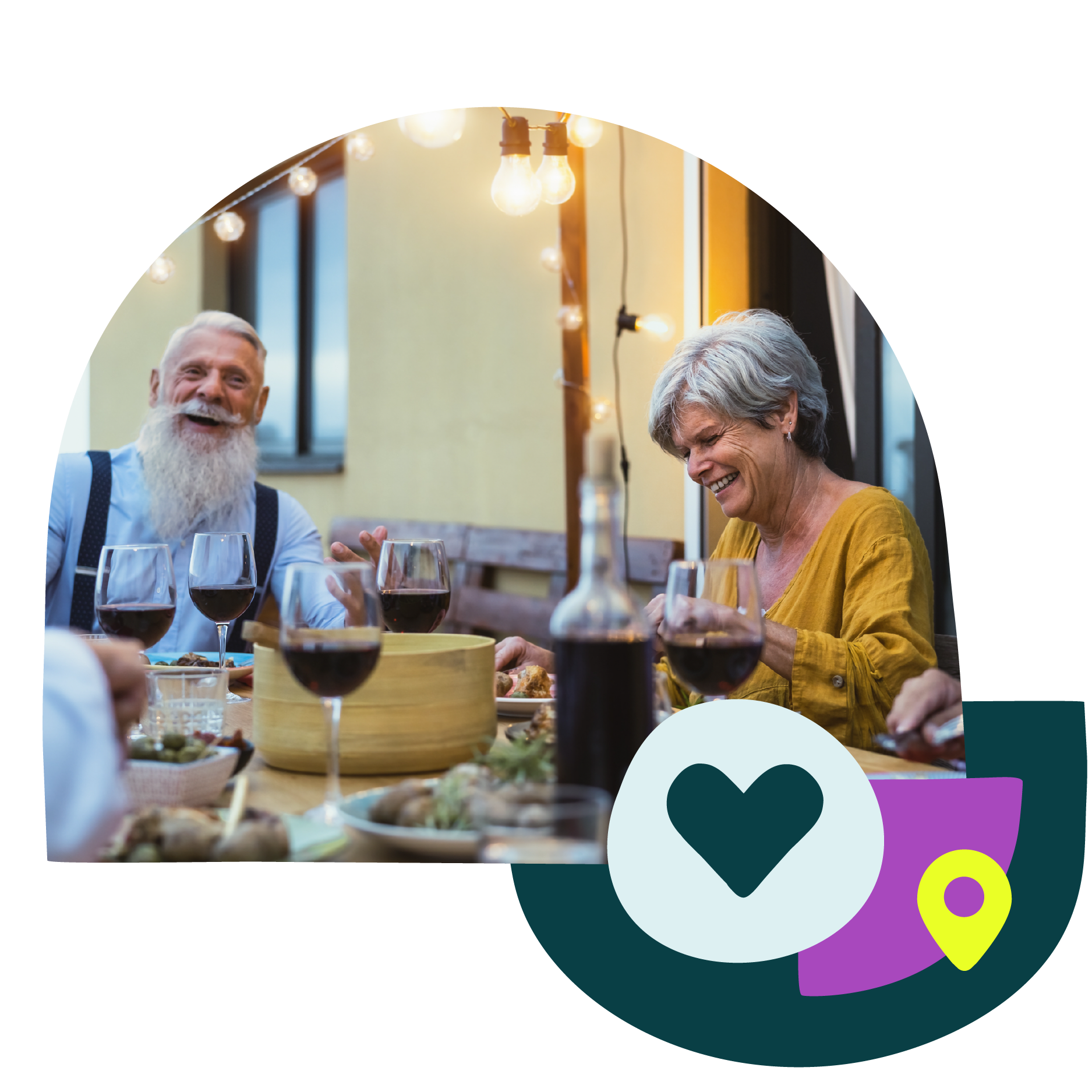 Photo of an elderly couple laughing together while they sit at a large table with wine glasses. Icons of a map in and a heart in the foreground.