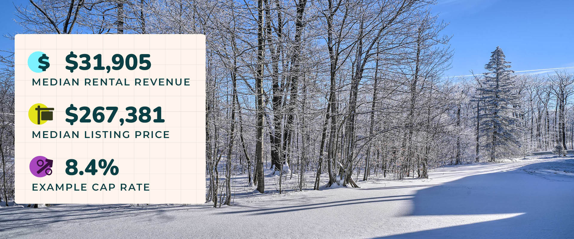 Photo of a forest covered in fresh snow in Laughlintown, Pennsylvania. Image text reads, "$31,905 median rental revenue. $267,381 median listing price. 8.4% example cap rate."