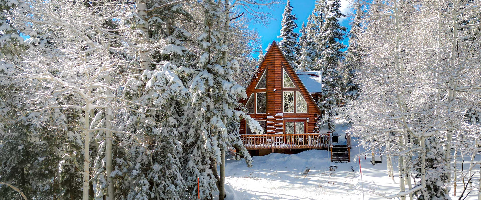 Exterior view of a newly renovated A-frame log cabin in Duck Creek Village, UT surrounded by trees covered in snow.