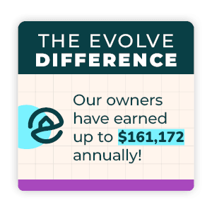 Image text reads, "The Evolve Difference: Our owners have earned up to $161,172 annually!"