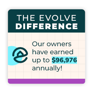 Image text reads, "The Evolve Difference: Our owners have earned up to $96,976 annually!"