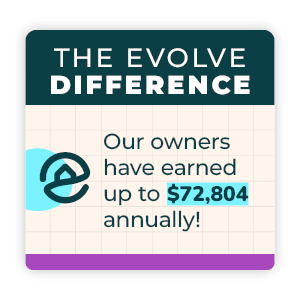 Image text reads, "The Evolve Difference: Our owners have earned up to $72,804 annually!"