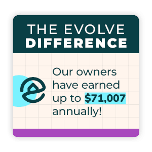 Image text reads, "The Evolve Difference: Our owners have earned up to $71,007 annually!"