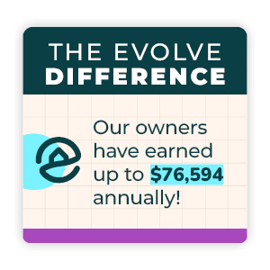 Image text reads, "The Evolve Difference: Our owners have earned up to $76,594 annually!"