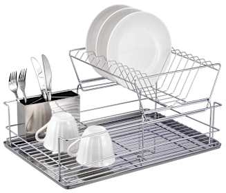 Dish drying rack with clean plates, mugs, and utensils