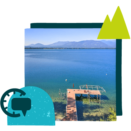 Graphic collage with a chat response time icon, a mountain icon, and a photo of a pier that is part of a vacation rental property on the lake masked within a square shape.