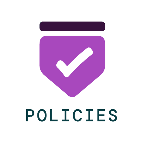 Purple icon of a badge with a checkmark and text that says Policies, representing dynamic vacation rental policies