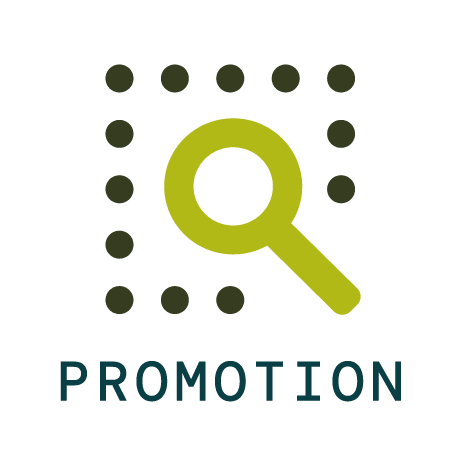 Green icon of a magnifying glass and text that says Promotion, which is an important part of a dynamic vacation rental pricing strategy