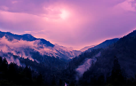 Pink-hued view of mountains in Great Smoky Mountains Naitonal Park