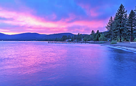 Purple-hued sunset view of Lake Tahoe