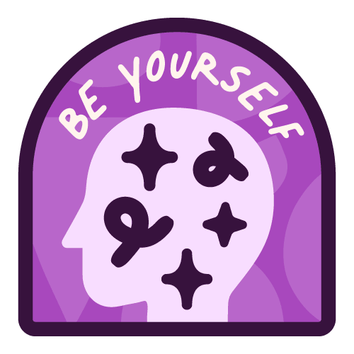 Icon of a person's head in profile with sparkles and wiggles inside with the words "Be yourself"