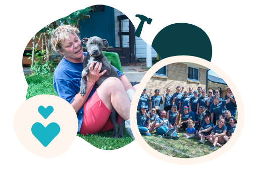 Graphic showcasing a group of Evolvers working on a property and an owner in the front yard with her dog, both part of Evolve's social responsibility initiative to help communities