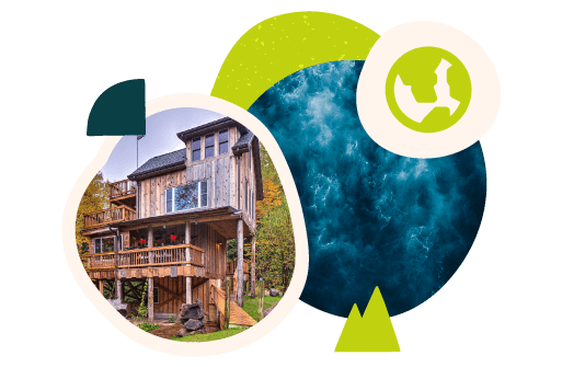 Graphic showcasing a stilted vacation rental property and an aerial view of ocean water representing commitment to the planet, one of Evolve's social responsibility initiatives