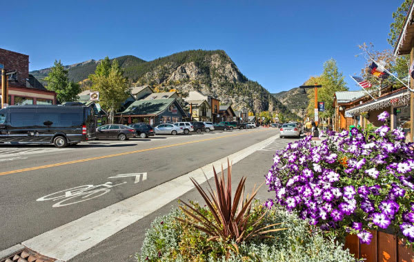 Downtown main street in one of Summit County, Colorado's charming mountain towns