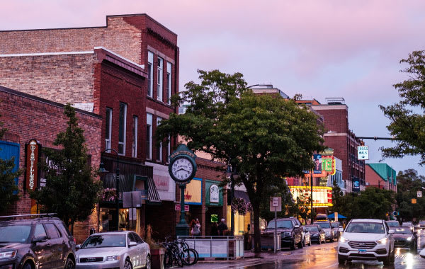 Downtown Traverse City, Michigan storefronts at dusk