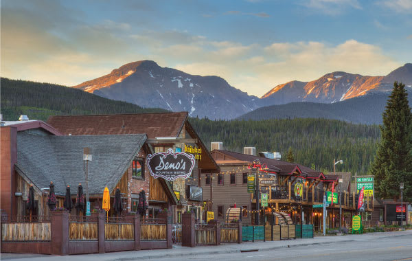 Main Street shops and restaurants in Winter Park, Colorado