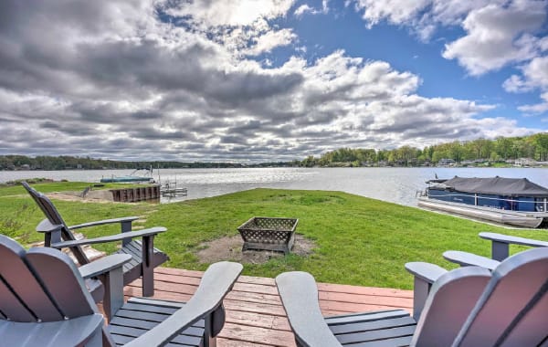 View from a Michigan vacation rental's deck, overlooking a pristine lake