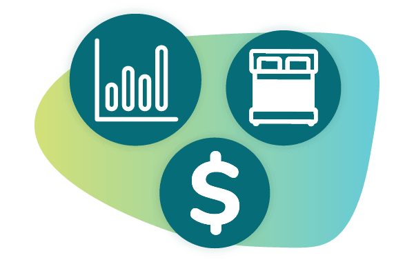 3-icon illustration of a graph, bed, and dollar sign representing revenue management for short-term rentals