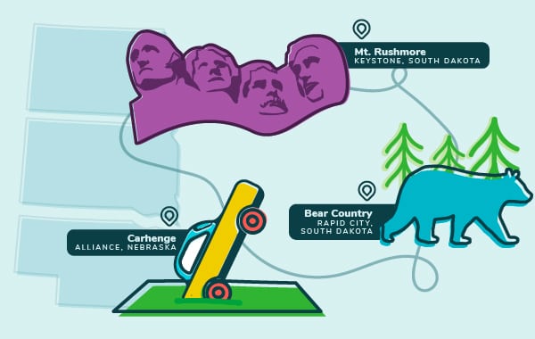 Illustration of Midwest roadside attractions including Mt. Rushmore, Carhenge, and Bear Country USA