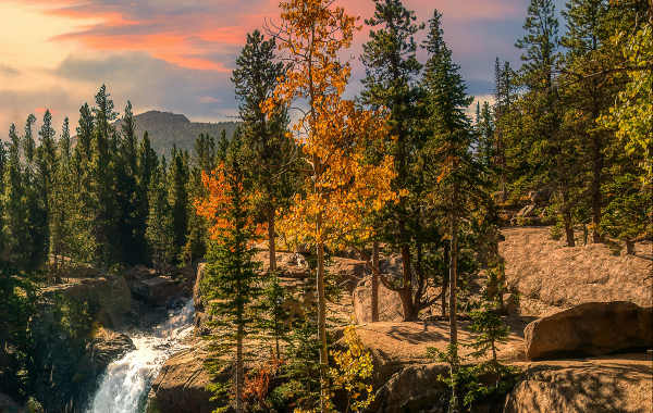 Alberta Falls in Estes Park, Colorado during the fall season