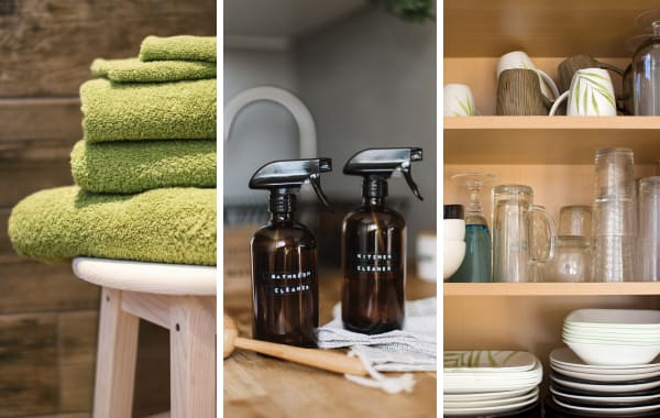 3 panels of images showing vacation rental inventory items like folded towels, cleaning supplies, and dishware