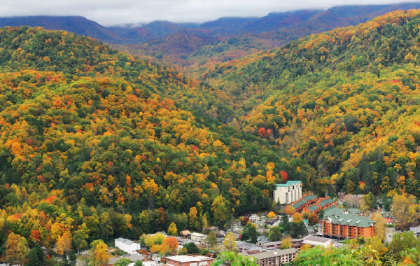 Gatlinburg and a valley in The Smoky Mountains in autumn