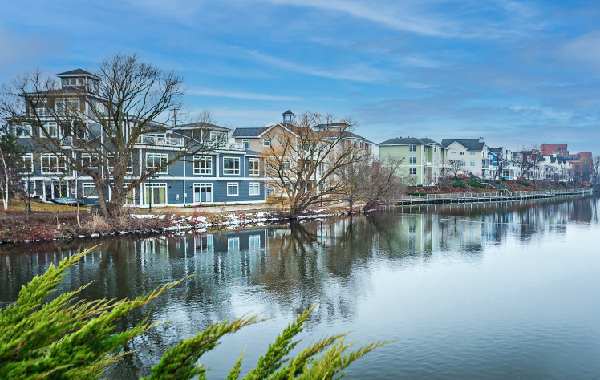 View of the river and homes in Traverse City, Michigan