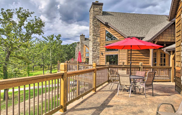 View of large decks in row of attached rental cabins in the pet-friendly vacation destination of Branson, MO