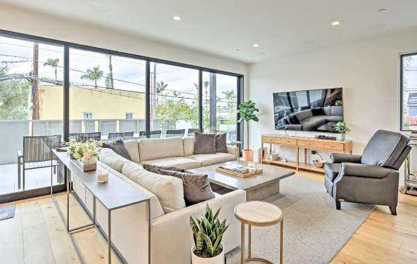 Modern living room in a San Diego, CA vacation rental that is great for pets