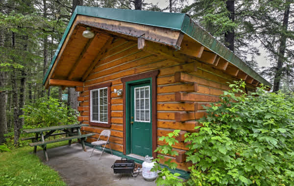 Secluded tiny cabin rental in a lush forest with a picnic table, chair, and small grill with a propane tank in front.