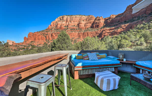 Image from a vacation rental home patio in Sedona, Arizona with a beautiful view of the red rocks and canyons