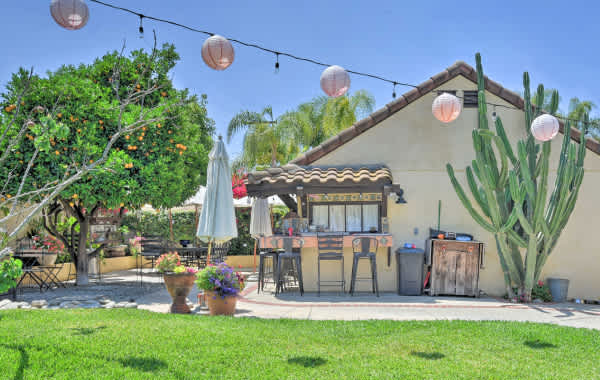 Exterior image of the backyard of a spanish style vacation rental home in Whittier, California