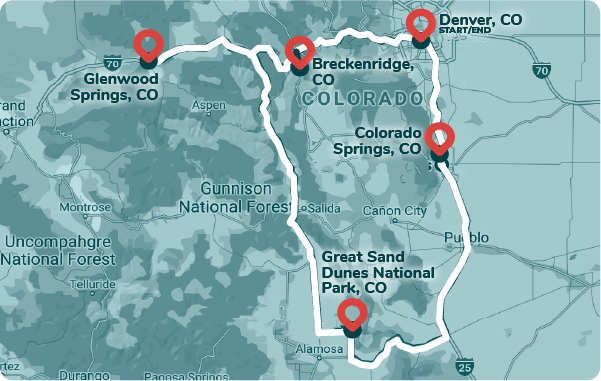 Map of Colorado family road trip with stops like reckenridge and Denver charted out