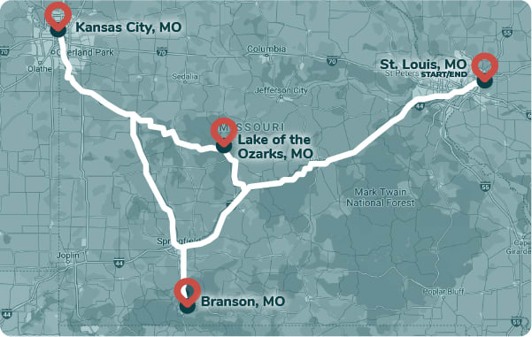 Map of Midwest family road trip with stops like St. Louis, Missouri and Branson, Missouri charted out