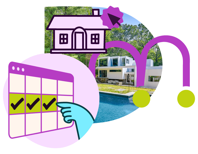designed collage with a photo of a modern home and pool, an illustrated hand pointing to checkmarks on a calendar, a home with an arrow, and an M — representing how to manage a vacation rental business