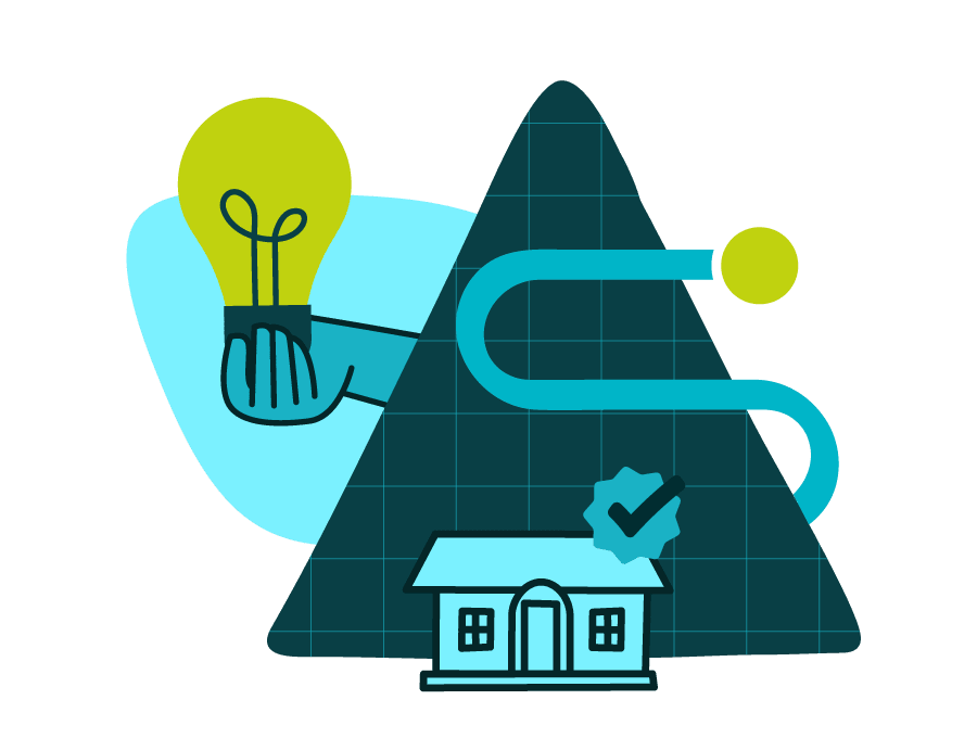 Graphic of a home and a hand with lightbulb representing starting with Evolve for vacation rental management