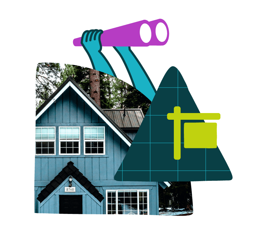 Designed collage including a photo of a blue cabin, illustrations of binoculars, and a for sale sign representing purchasing a vacation rental