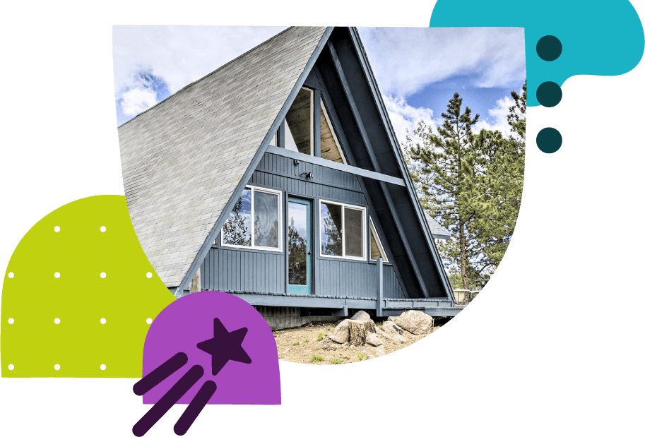 Photo of an A-Frame cabin with a shooting star illustration and various colored shapes surrounding it