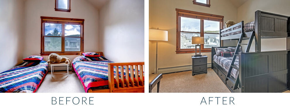 Before and after photos of kids bedroom with bunk beds and upgraded furniture