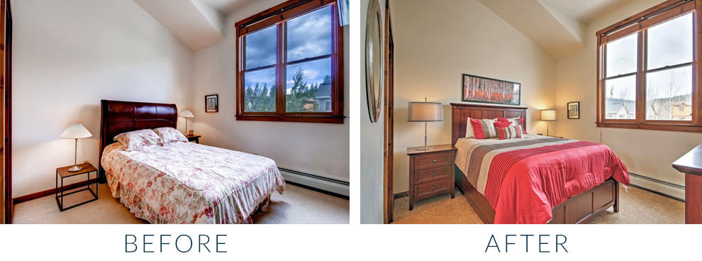 Before and after photos of vacation rental bedroom with upgraded furniture and decor