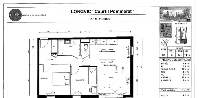 Image 1 sur 2 - Appartement  ·  Location · Longvic (21600) · 3 pièces · 60m²