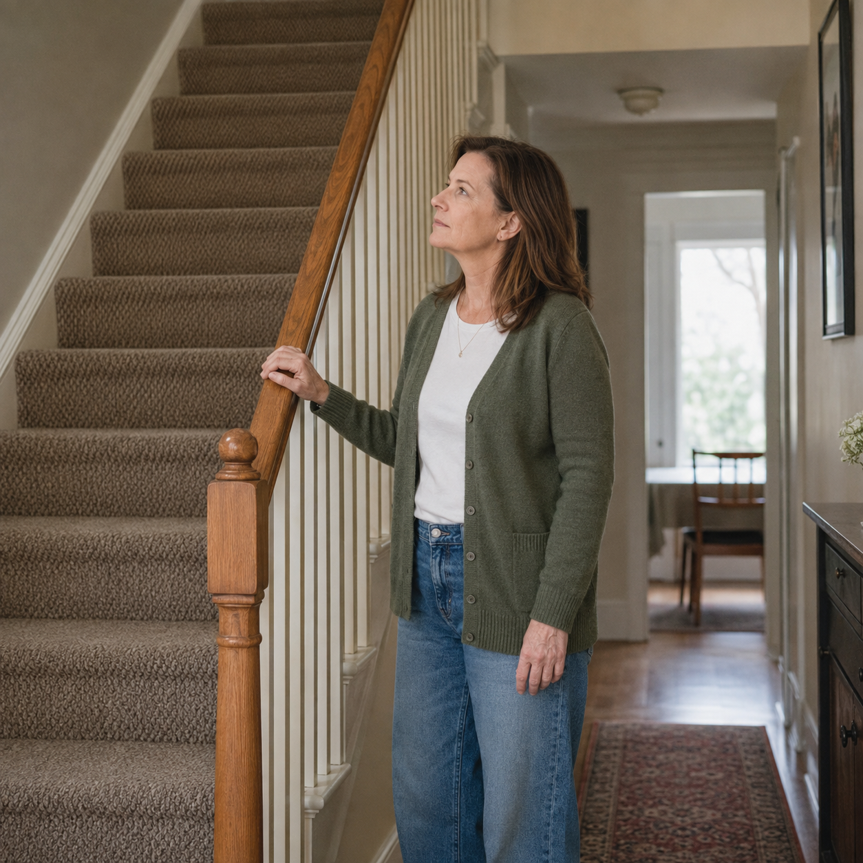 Woman in her fifties at the bottom of her stairs, hand on the banister