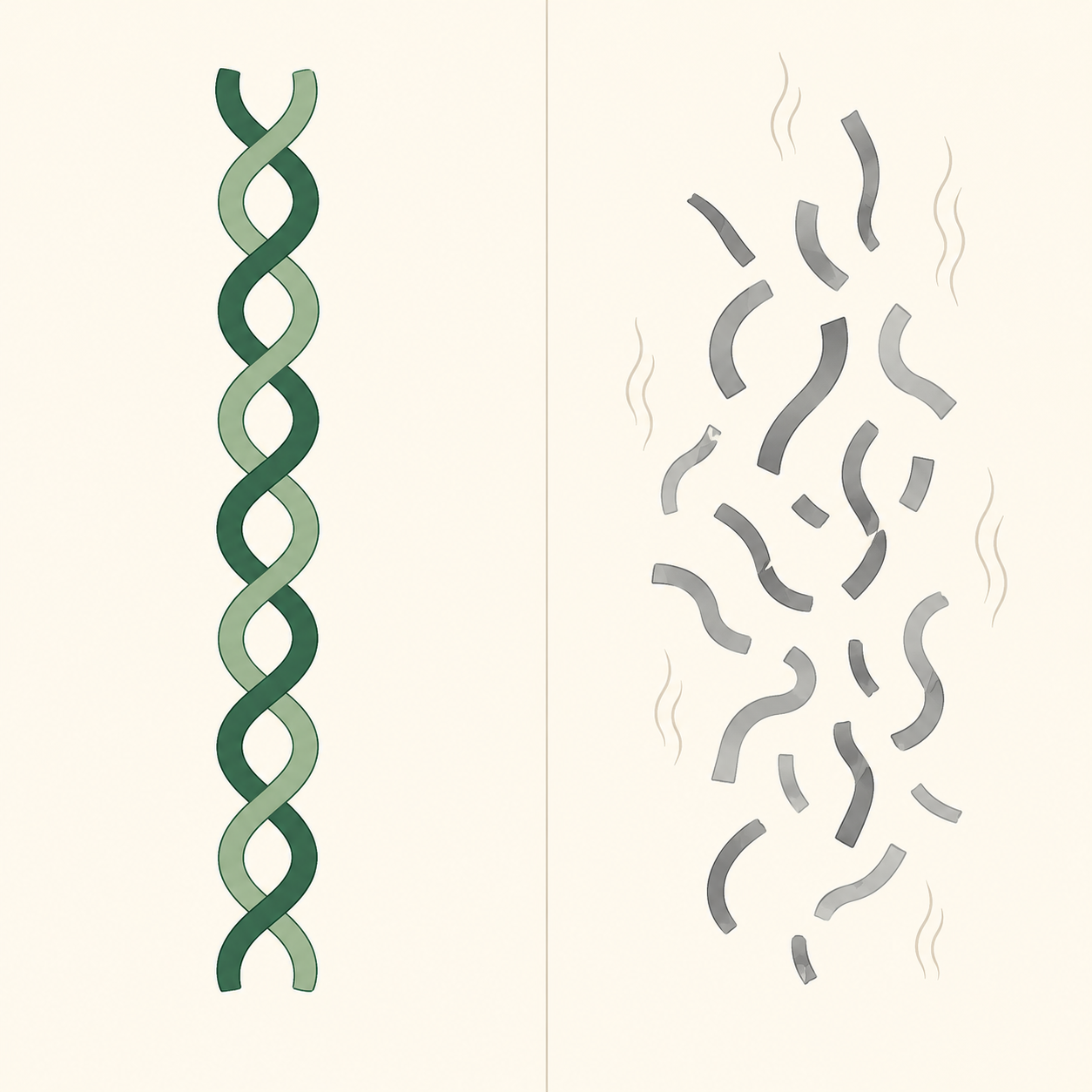 Intact collagen helix beside broken, heated collagen fragments