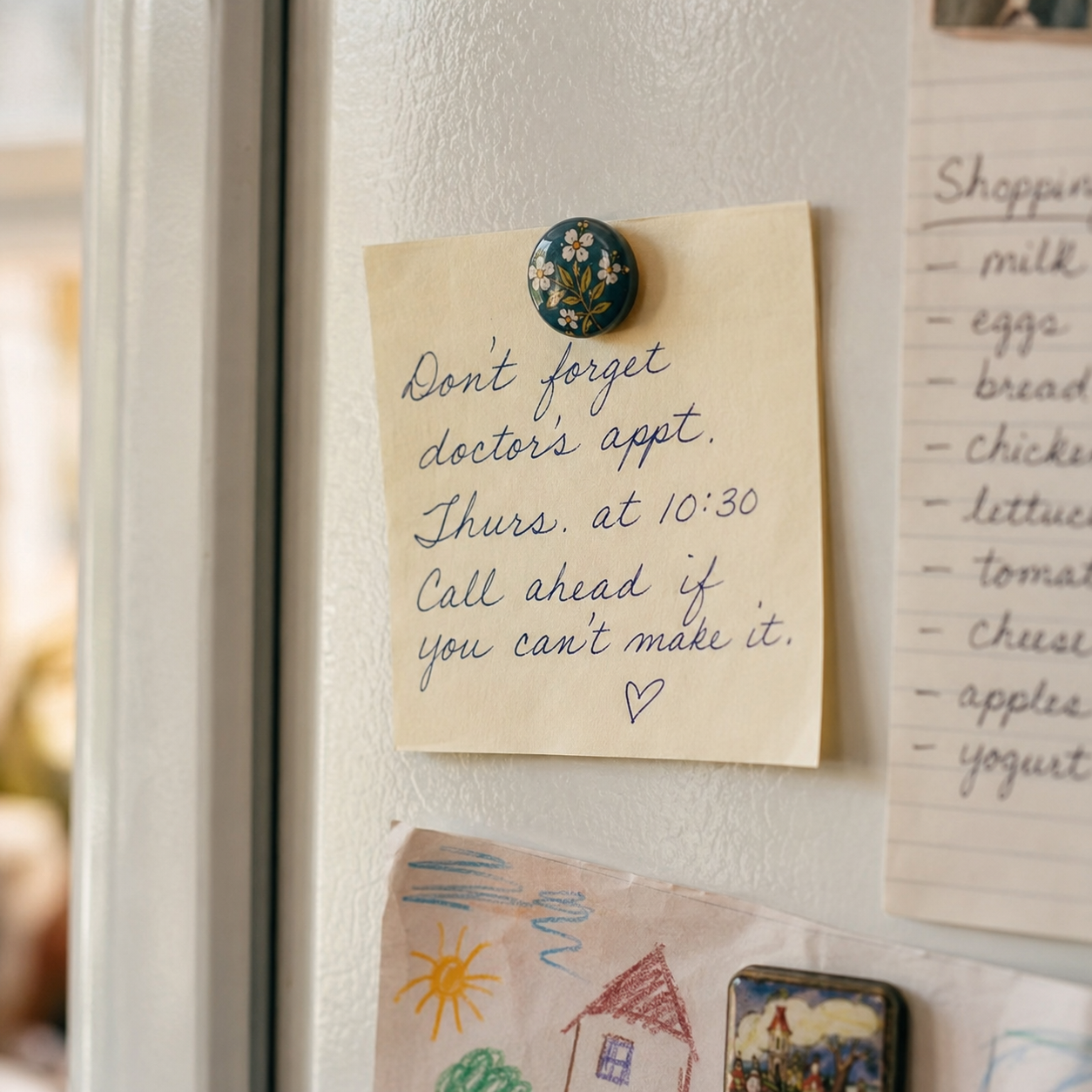Handwritten note held to a fridge door with a magnet