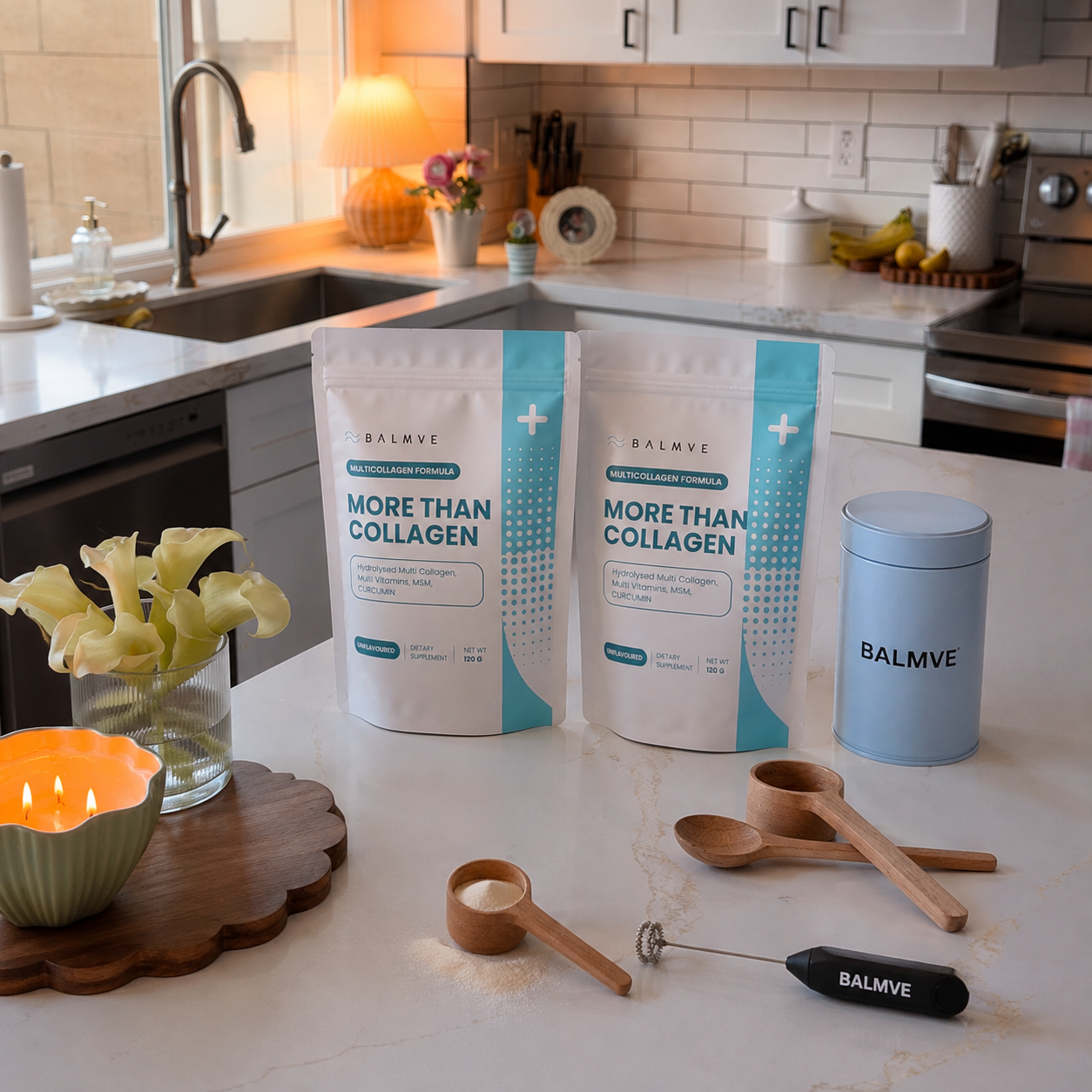 More Than Collagen bags with the free gifts on a kitchen counter