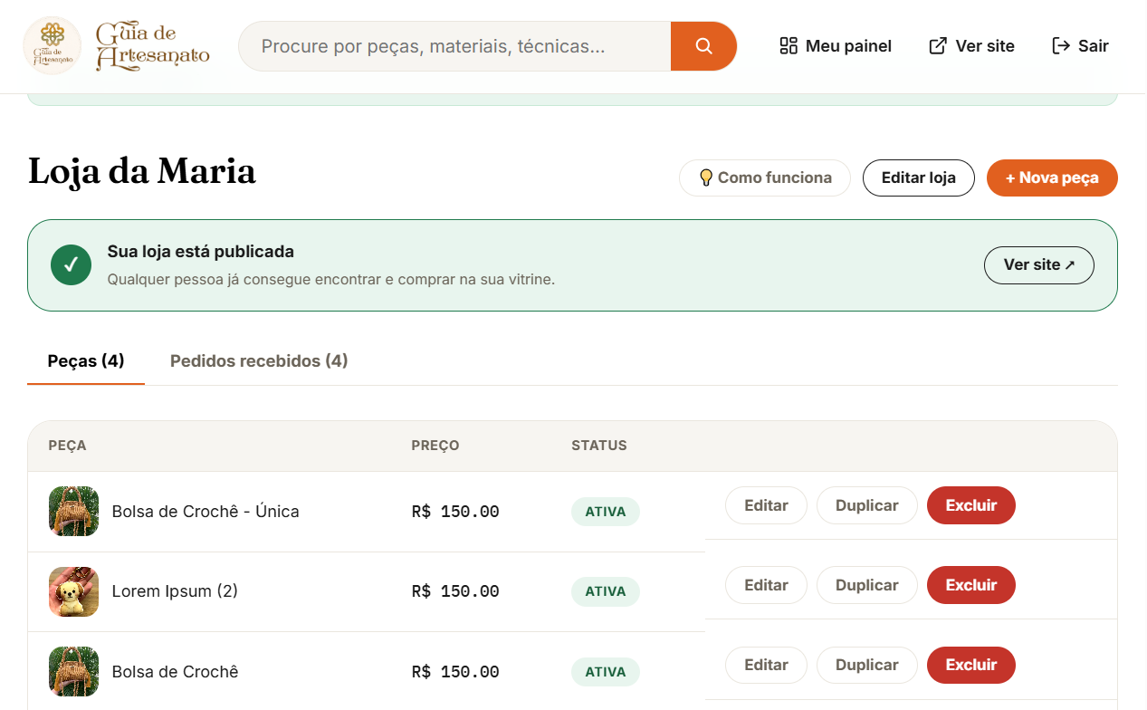 Painel do lojista no computador