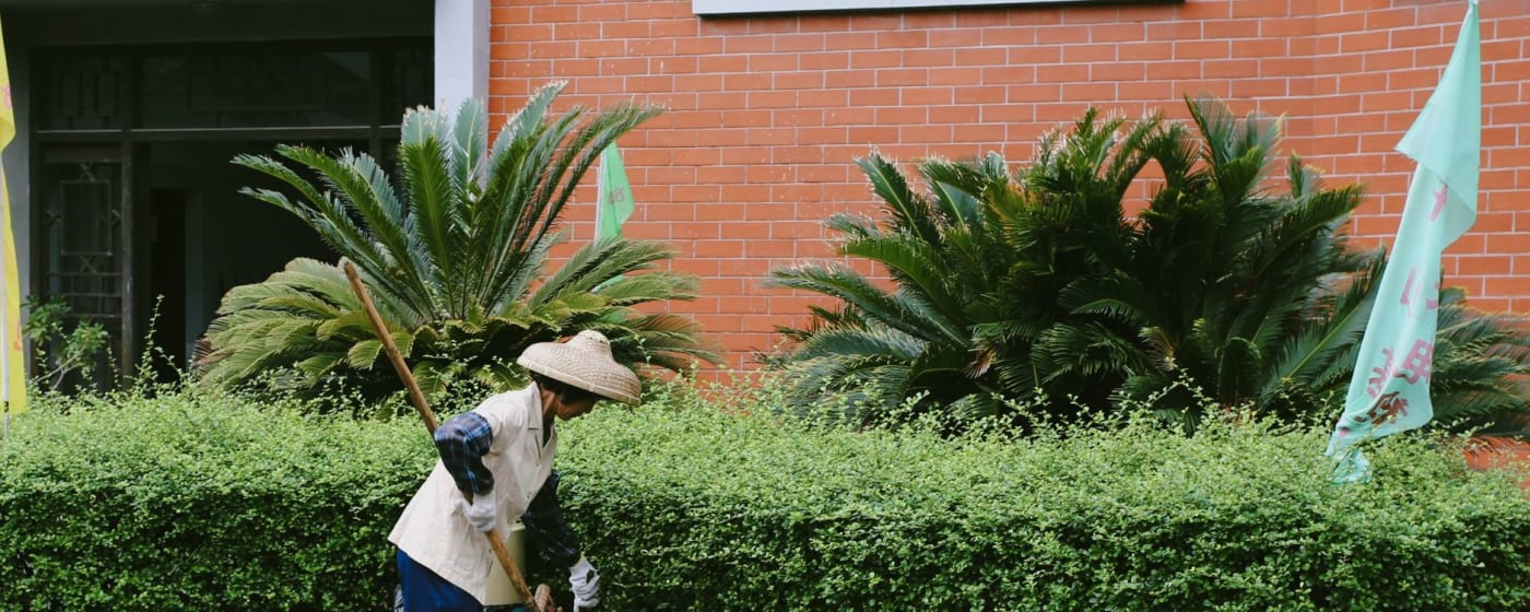 Woman in bamboo hat sweeping an urban sidewalk near plants and brick building.